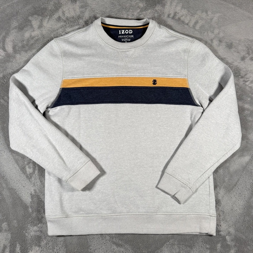 Izod Sweatshirt Mens Medium Gray Fleece Pullover Crewneck Stripe Advantage